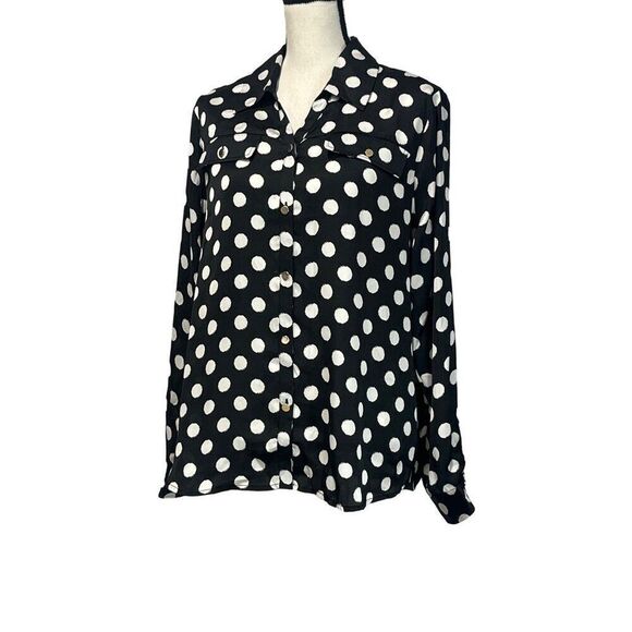 Belldini Los Angeles Women’s Button Down Printed Satin Shirt, Black/White, 1X - Picture 2 of 16